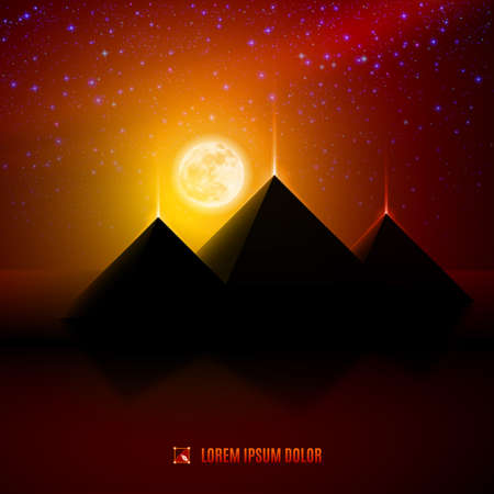 Red and orange night  egypt  desert  landscape background  illustration with moon, pyramids, landmark and starsのイラスト素材