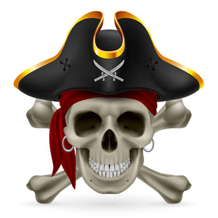 Pirate skull in red bandana and cocked hat with crossed bonesのイラスト素材