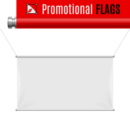 Gorizontal white promotional flag hanging on threads on a gray backgroundのイラスト素材