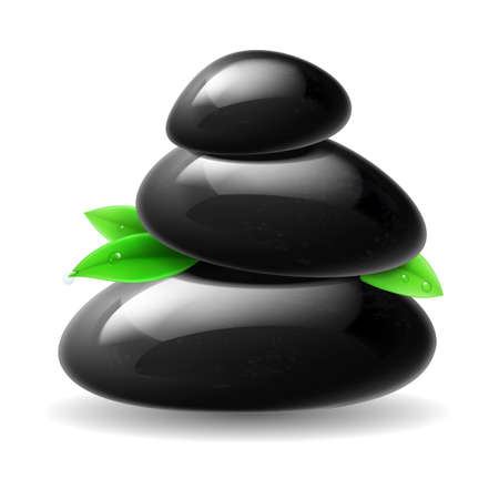 Black stones spa with green leaves. Illustration on whiteのイラスト素材