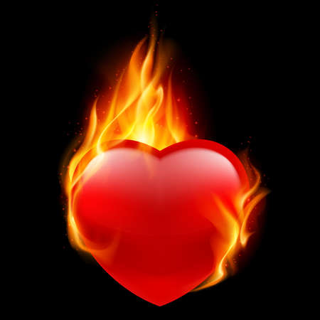 Red heart burning in flames on a black backgroundのイラスト素材