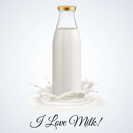 Banner I love milk. Closed glass bottle of milk