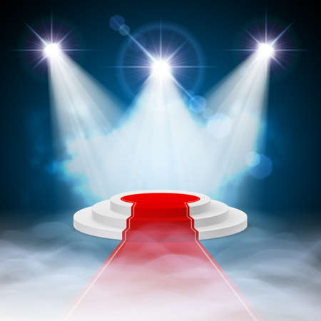 Round stepped white podium with red carpet and illuminated spotlightsのイラスト素材