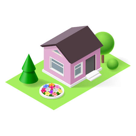 Isometric 3d small home with flowers, green grass and treesのイラスト素材