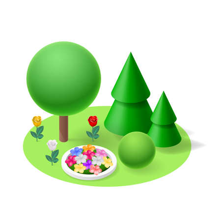 Nature flat  isometric element. Forest Lawn flowerbed flowersのイラスト素材