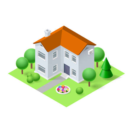 Isometric 3d small home with green grass and treesのイラスト素材