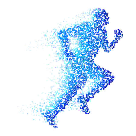 Running man with blue pieces isolated on white Running man with blue pieces isolated on white