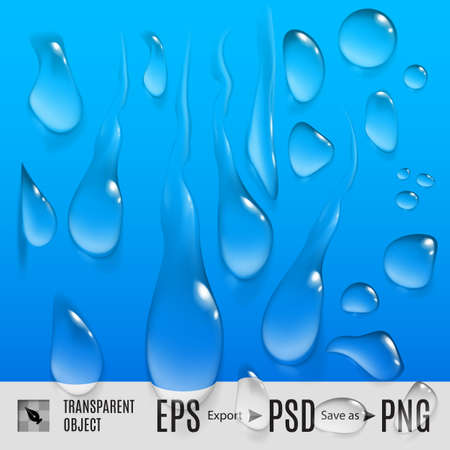 Isolated set of transperent variety water drops on blueのイラスト素材