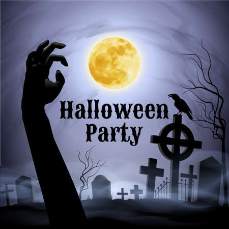 Spooky graveyard on the Halloween Night with evil raven on a celtic cross under full Moon with zombie handのイラスト素材