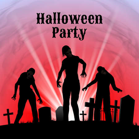 Spooky graveyard on the Halloween Night, Halloween Party poster in black, red and white with zombieのイラスト素材