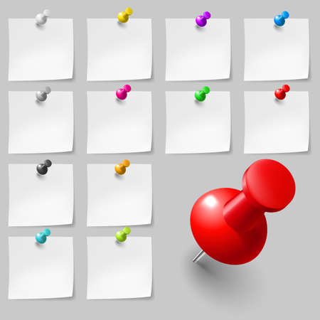 Set of Blank sticky notes with pushpins on gray backgroundのイラスト素材