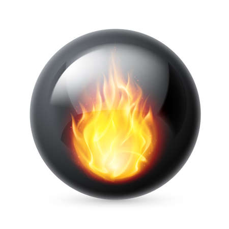 Black sphere with fire flames inside on white backgroundのイラスト素材