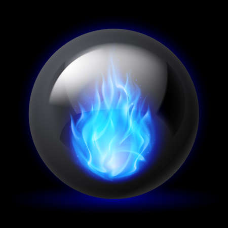 Black sphere with blue fire flames inside on dark backgroundのイラスト素材
