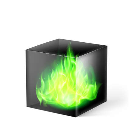 Black cube with green fire flames inside on whiteのイラスト素材