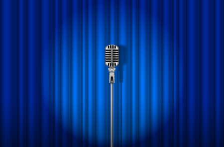 Vintage Microphone against blue curtain with spotlight light backdropのイラスト素材