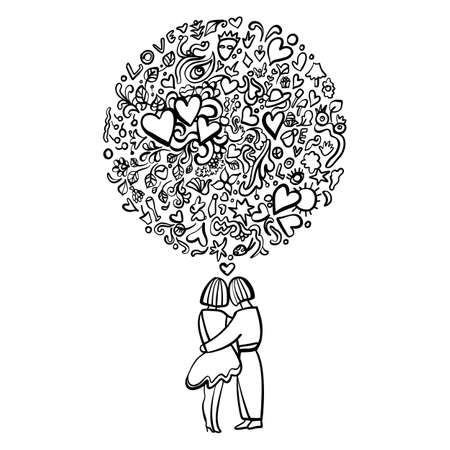 Hand-Drawn Abstract Black and White Illustration of Loving Coupleのイラスト素材