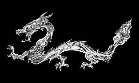 Doodle White Dragon Isolated on Black Backgroundのイラスト素材