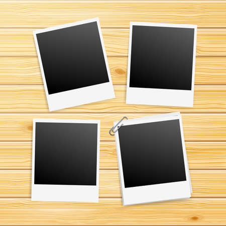 Photo Frames on Yellow Wooden Background with Paperclipのイラスト素材