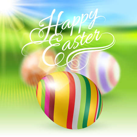 Easter Eggs on Green Blur Background with Sun Lightのイラスト素材