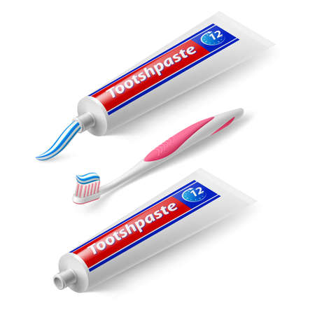 Isometric Toothbrush and Toothpaste on White Backgroundのイラスト素材