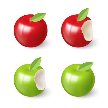 Red and Green Bitten Apples Set with Green Leafのイラスト素材