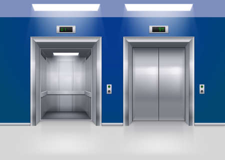 Open and Closed Modern Metal Elevator Doors. Hall Interior in Blue Colorsのイラスト素材