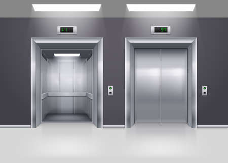 Open and Closed Modern Metal Elevator Doors on Floorのイラスト素材