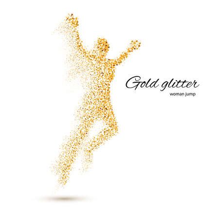 Jumping Woman in the Form of Gold Particles on Whiteのイラスト素材