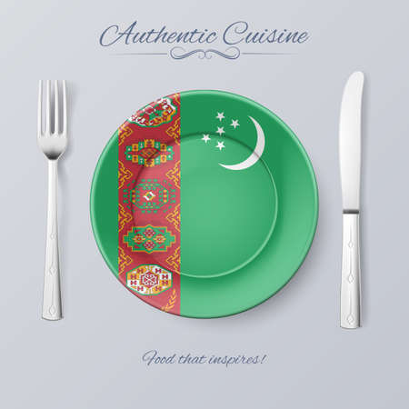 Authentic Cuisine of Turkmenistan. Plate with Turkmenian Flag and Cutleryのイラスト素材
