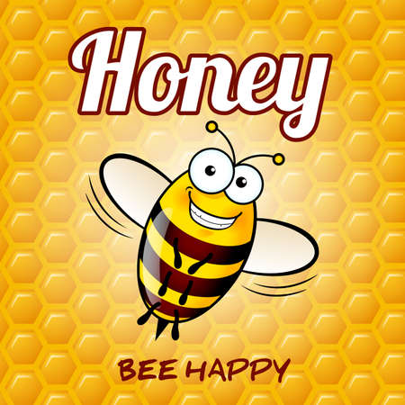 Illustration of a Friendly Cute Bee with Smile on Honey Backgroundのイラスト素材