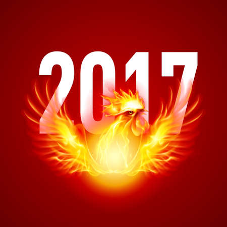 Silhouette of Red Cock. Fire Rooster Symbol of the New Year by Chinese Calenda on Redのイラスト素材