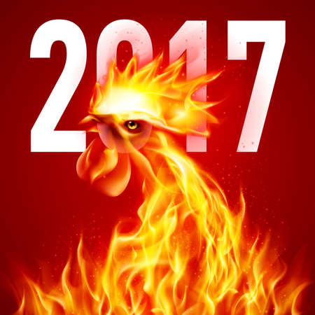 Fire Rooster Symbol of the New Year by Chinese Calendar. Christmas Card New Years design on Redのイラスト素材