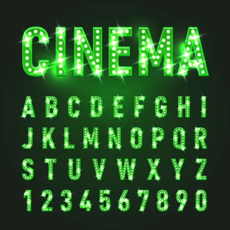 Bulb Lamp Neon Letters Abc Illustration. Green Lights. Good for Retro Signboard Poster Banner Flyer Designのイラスト素材