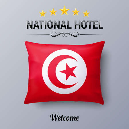 Realistic Pillow and Flag of Tunisia as Symbol National Hotel. Flag Pillow Cover with Tunisian flagのイラスト素材