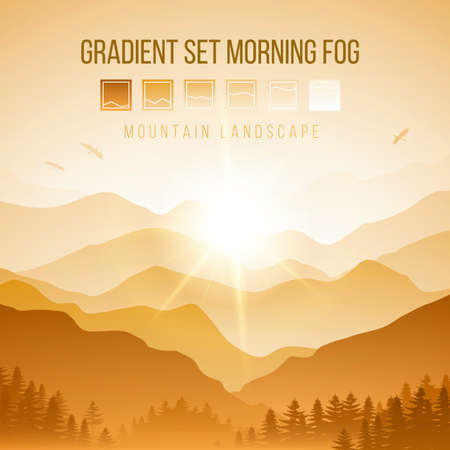 Abstract Landscape with Silhouettes of Misty Mountains and Forest at Yellow Sunrise with Birds in the Skyのイラスト素材