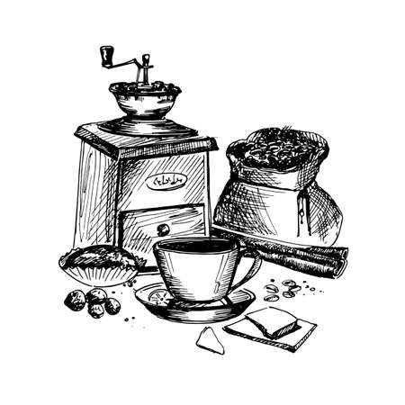 Hand Drawn Sketch of Coffee Theme. Vintage Sketch. Great for Banner, Label, Posterのイラスト素材