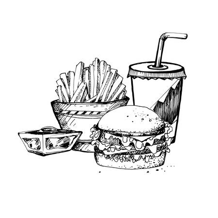Hand Drawn Sketch of Fast Food Theme. Vintage Sketch. Great for Label, Posterのイラスト素材