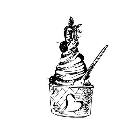 Hand Drawn Sketch of Ice Cream in Bowl. Great for Banner, Label, Posterのイラスト素材