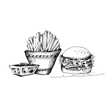 Hand Drawn Sketch of Fast Food Theme. Great for Banner, Label, Poster Hand Drawn Sketch of Fast Food Theme. Great for Banner, Label, Poster
