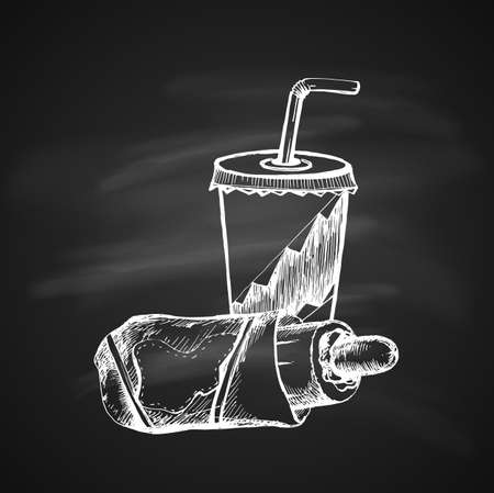 Hand Drawn Chalk Sketch on Blackboard of Soda Cup with Straw and Hot Dog.のイラスト素材