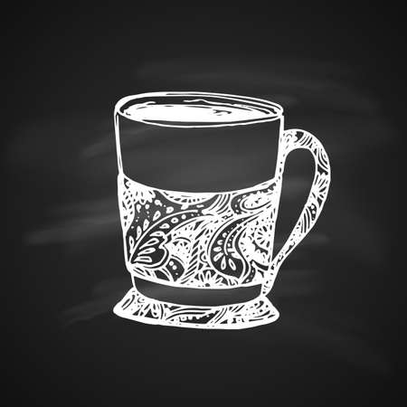 Hand Drawn Chalk Sketch on Blackboard of Tea Cup. Vintage Sketch.のイラスト素材