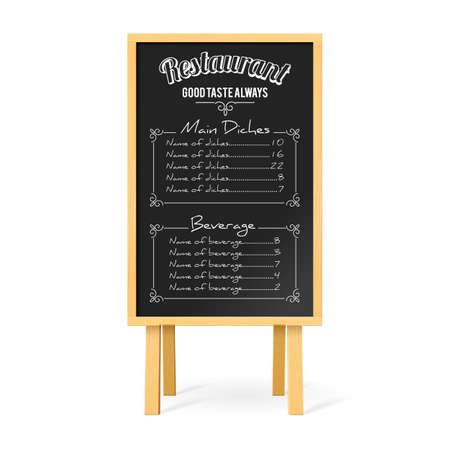 Menu Black Board with Wooden Easel and Restaurant Menu Template on White Backgroundのイラスト素材