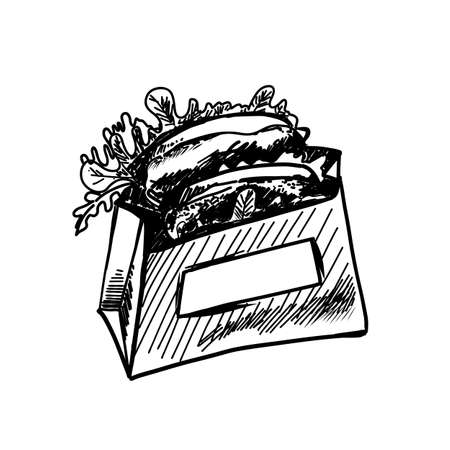 Hand Drawn Sketch of Grocery Bag. Hand Drawn Sketch of Food Elementsのイラスト素材