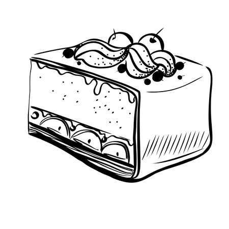 Hand Drawn Sketch of Black and White Piece of Cheesecake. Vintage Sketch. Great for Banner, Label, Posterのイラスト素材