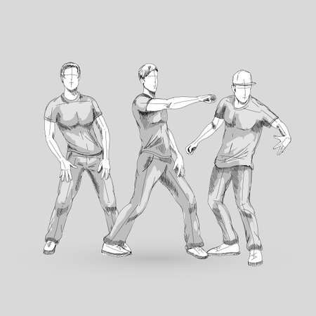 Set Of Sketch Dancing Males In Different Poses On The Dance Floor