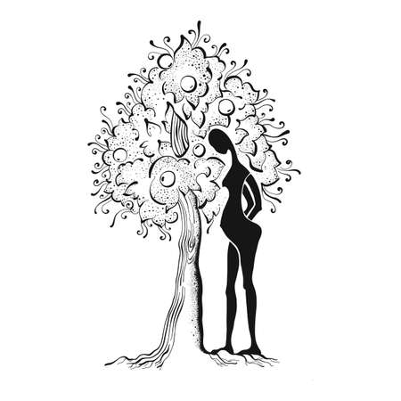 Floral Black and White Tree with Womanのイラスト素材