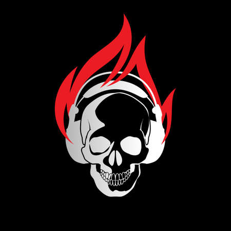 Illustration of human skull with headphones in Fire on black background.のイラスト素材
