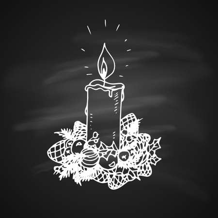 Chalk Drawing Artistic Christmas Doodle Icon. Christmas Candle. New Year Vintage Design for Christmas Card or Invitation on Chalkboardのイラスト素材