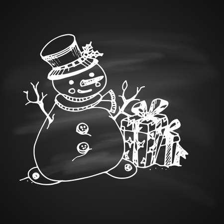 Chalk Drawing Artistic Christmas Doodle Icon. Funny Snowman with Presents. New Year Vintage Design for Christmas Card or Invitation on Chalkboardのイラスト素材