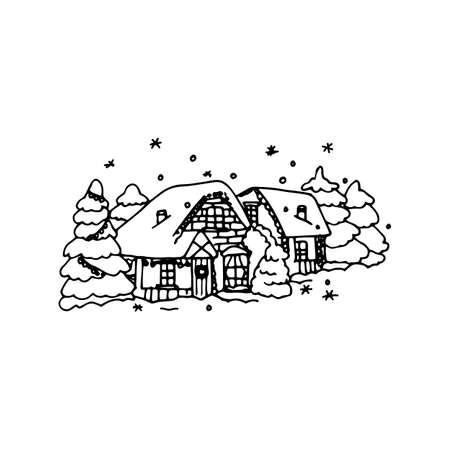 Illustration of Winter landscape. Cartoon Country Houses, Snowy Garden, Snowdrift and Snowflakes illustration on Whiteのイラスト素材